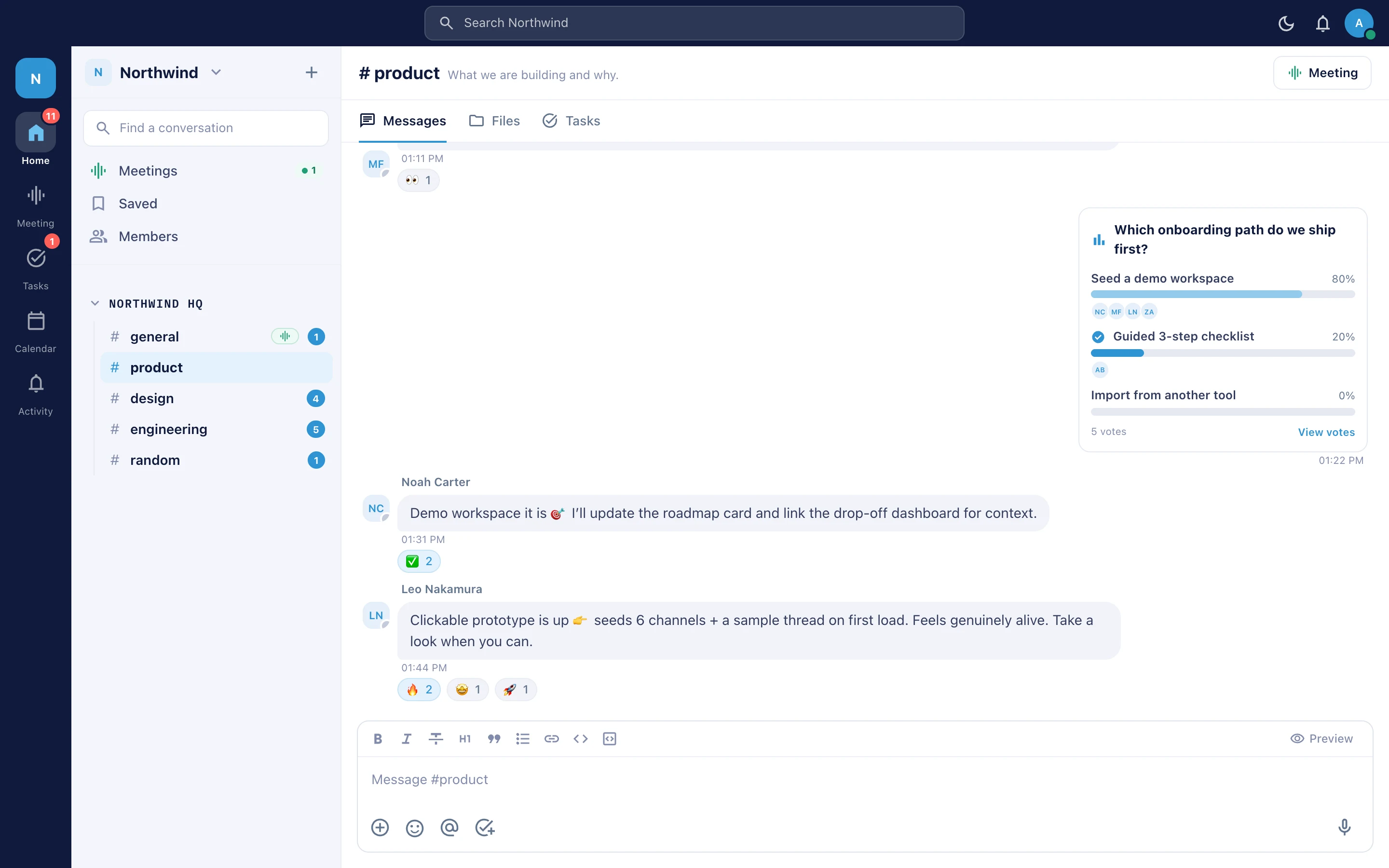 [DESKTOP SCREENSHOT — Viratim workspace: rail, channel sidebar, conversation]