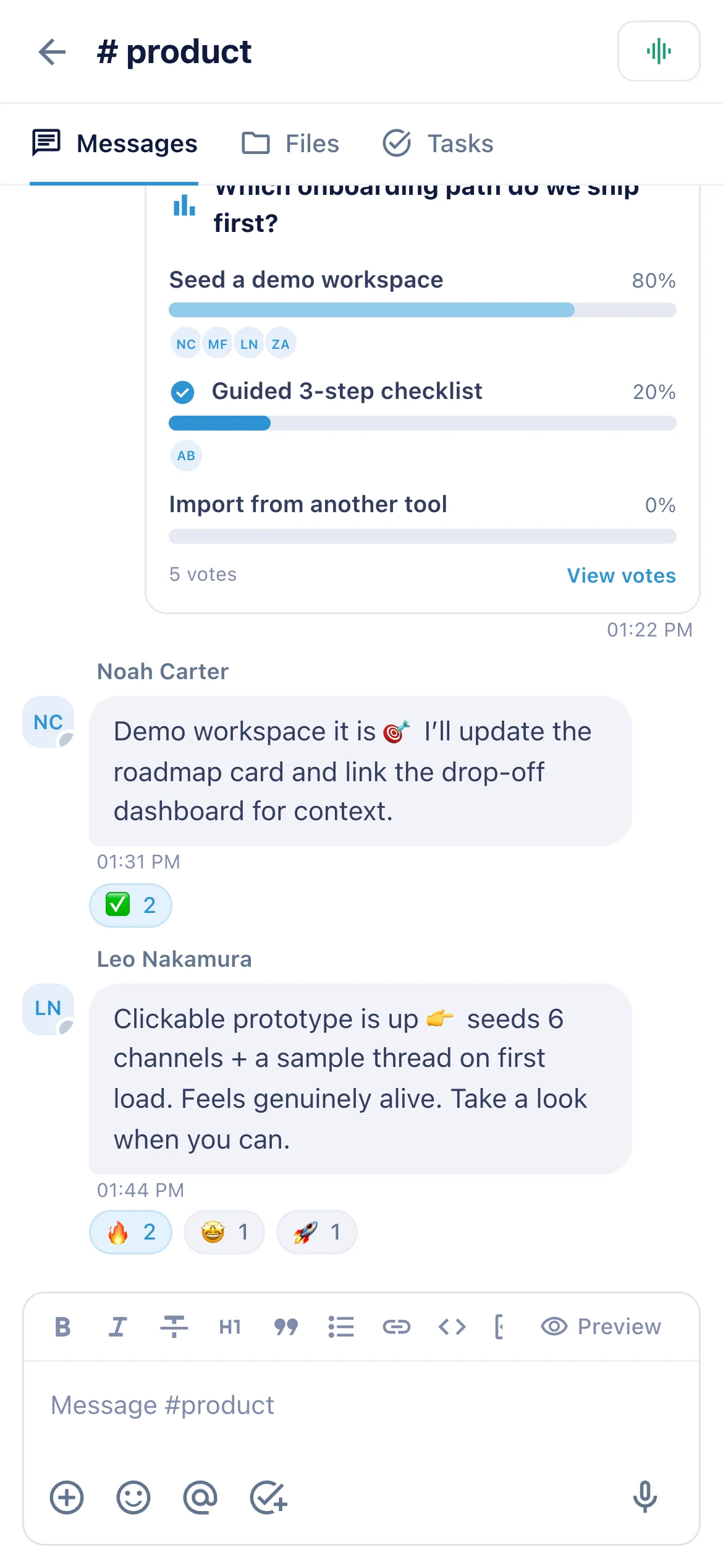 MOBILE SCREENSHOT — channel with voice note + reactions