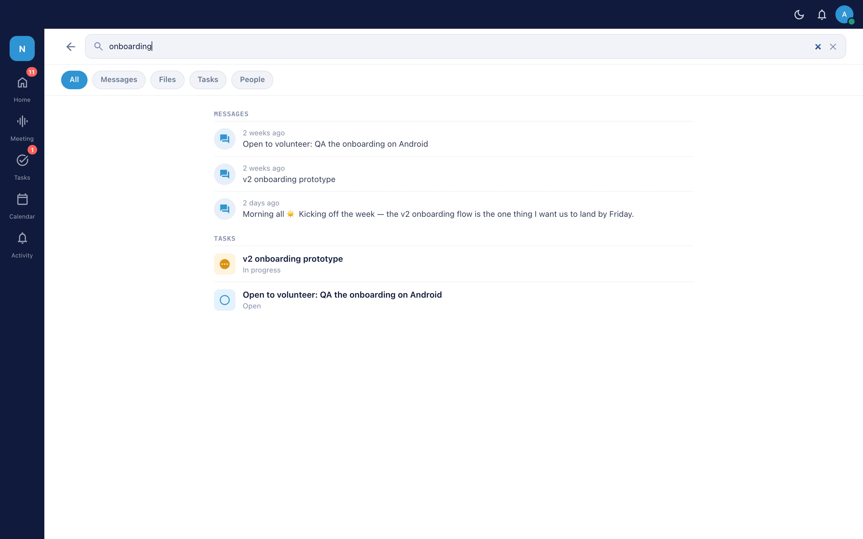 [SCREENSHOT — search across messages, files, tasks]