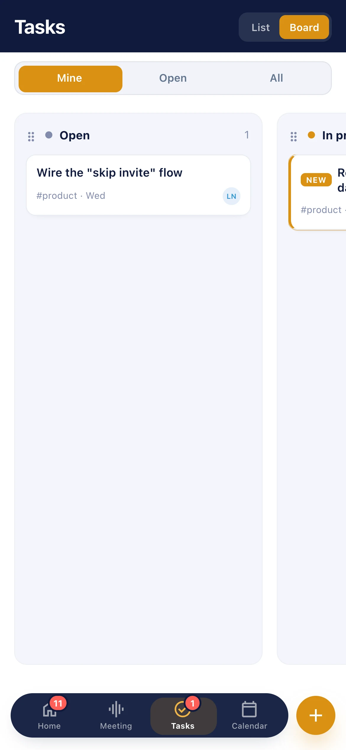 [MOBILE SCREENSHOT — Kanban board, floating nav]